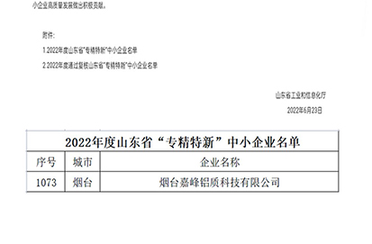 热烈祝贺烟台嘉峰铝质科技有限公司荣获山东省“省级专精特新”中小企业认定（第1073号）。